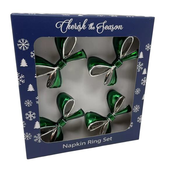 Green Bow Christmas Napkin Rings Set of 4 Silver Holiday Glam Cherish the Season - Picture 11 of 14